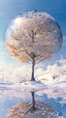 Winter Tree Reflection in a Dreamlike Landscape,tree in the snow,winter landscape with tree