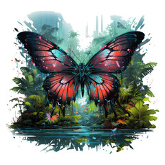  A cybernetic neon rainforest English Butterfly t-shirt design showcasing a butterfly with wings that combine cybernetic elements with vibrant neon lights, Generative Ai