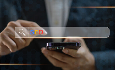 Human use laptop with Search engine optimization SEO networking concept, Searching browsing...