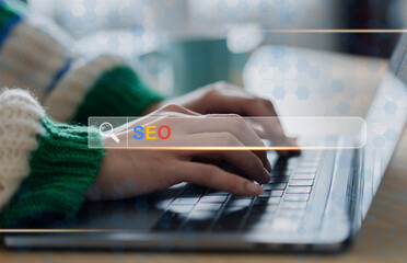 Human use phone with Search engine optimization SEO networking concept, Searching browsing Internet...