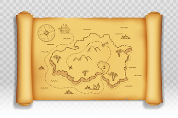 Old pirate map of treasure island on an old scroll. Template is isolated on transparent background. Vector illustration.