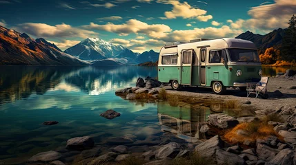 Fototapeten rv motorhome or trailer at lake by the shore, van life, beautiful landscape © ZoomTeam