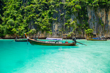 Naklejka na ściany i meble Longtail boats at the beautiful island, Thailand.