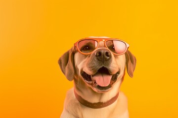 Close-up portrait photography of a smiling labrador retriever wearing a hipster glasses against a...
