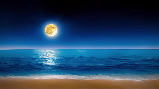 Beach scene with starry sky and full moon, 4k quality looping video