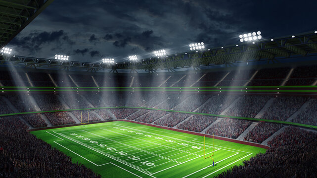 3D render image of american football stadium with green grass field and blurred fans at playground. Top view. Concept of outdoot sport, activity, football, championship, match, game space