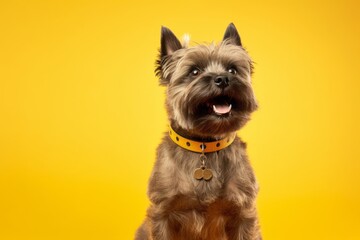 Lifestyle portrait photography of a happy cairn terrier wearing a spiked collar against a yellow background. With generative AI technology - obrazy, fototapety, plakaty