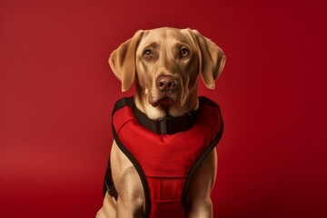 Environmental portrait photography of a cute labrador retriever wearing a life jacket against a burgundy red background. With generative AI technology