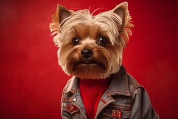 Headshot portrait photography of a funny yorkshire terrier wearing a denim vest against a burgundy red background. With generative AI technology