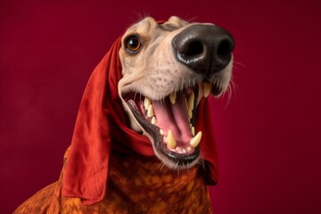 Naklejka premium Studio portrait photography of a smiling afghan hound dog wearing a dinosaur costume against a burgundy red background. With generative AI technology