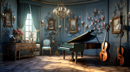 traditional music room with grand piano and stringed instruments - obrazy, fototapety, plakaty