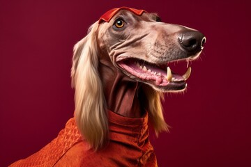Studio portrait photography of a smiling afghan hound dog wearing a dinosaur costume against a burgundy red background. With generative AI technology