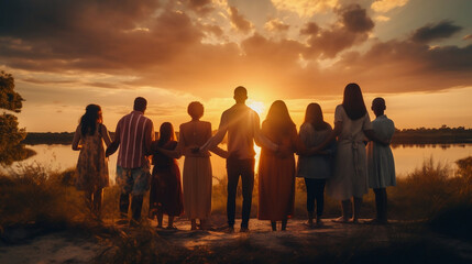Fototapeta na wymiar an awe-inspiring photo of a group of diverse people joining hands and forming a human chain against a backdrop of a beautiful sunset, representing unity, support, and the power of collective hope