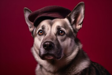 Fototapeta premium Headshot portrait photography of a cute norwegian elkhound wearing a beret against a burgundy red background. With generative AI technology