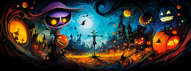 Halloween background with pumpkins, ghosts and bats. Horror illustration. Selective focus. 