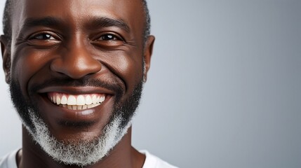 Head shot portrait of cheerful mature afro man with grey beard laughing having snow white smile.