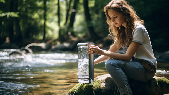 woman using a portable water filter system by a river