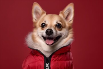 Medium shot portrait photography of a smiling norwegian lundehund wearing a puffer jacket against a burgundy red background. With generative AI technology