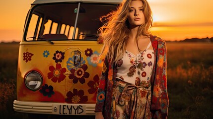 Model in a '70s hippie outfit, set in a field with a van painted in peace symbols