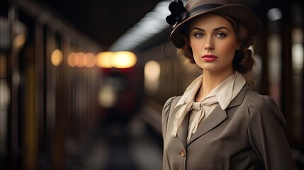 Model in a 1940s wartime outfit, set at a vintage railway station