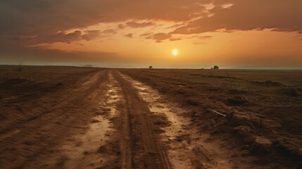 A dirt road with a sunset in the background