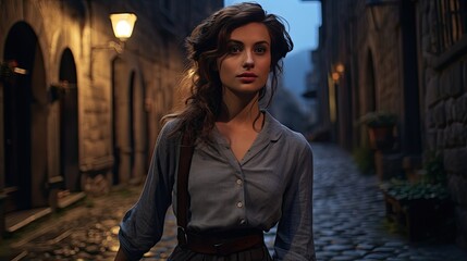 Model in an outfit reminiscent of old European villages, set in a cobblestone alley