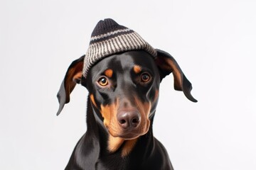Medium shot portrait photography of a smiling doberman pinscher wearing a knit cap against a pearl white background. With generative AI technology