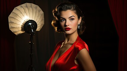 Model with a classic Hollywood glamour look, set in a studio resembling old movie sets © Filip