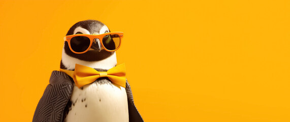 Obraz premium penguin in sunglasses, panoramic layout. Generative Ai