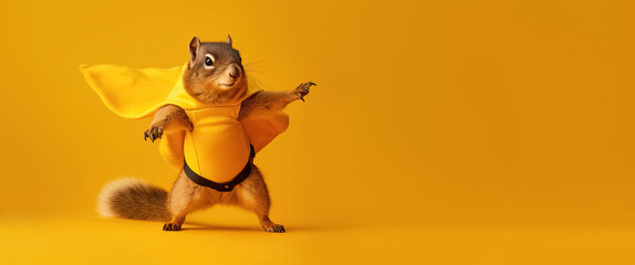 squirrel in superhero cape over orange background, panoramic layout. Generative Ai - obrazy, fototapety, plakaty