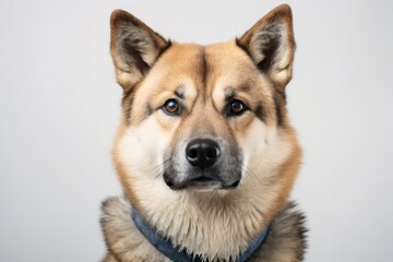 Fototapeta premium Close-up portrait photography of a cute akita wearing a denim vest against a pearl white background. With generative AI technology