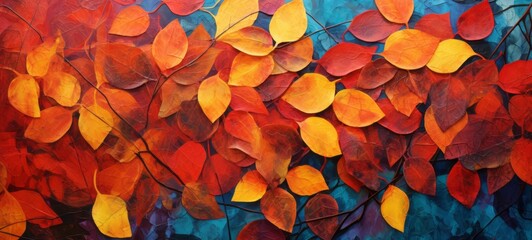 Closeup of abstract rough colorful organic autumnal fallen leaves art painting texture, with oil acrylic brushstroke, pallet knife paint on canvas wallpaper - obrazy, fototapety, plakaty