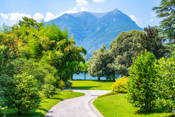Greenery of botanical gardens at Villa Melzi in Bellagio. Como Lake, Italy