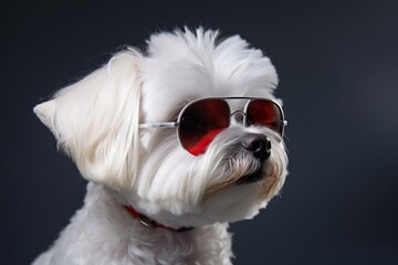 Medium shot portrait photography of a curious maltese wearing a trendy sunglasses against a...