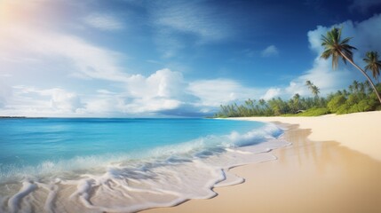 Obraz premium A painting of a tropical beach with palm trees