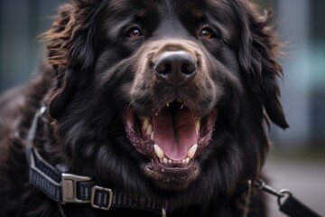 Close-up portrait photography of a smiling newfoundland dog wearing a harness against a metallic...