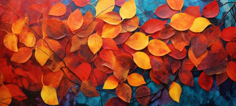 Closeup of abstract rough colorful organic autumnal fallen leaves art painting texture, with oil acrylic brushstroke, pallet knife paint on canvas wallpaper
