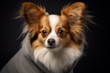 Close-up portrait photography of a cute papillon dog wearing a fluffy hoodie against a metallic...
