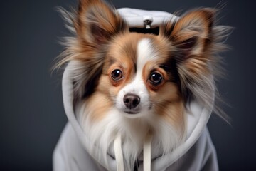 Close-up portrait photography of a cute papillon dog wearing a fluffy hoodie against a metallic...
