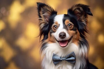 Environmental portrait photography of a happy papillon dog wearing a cute bow tie against a...