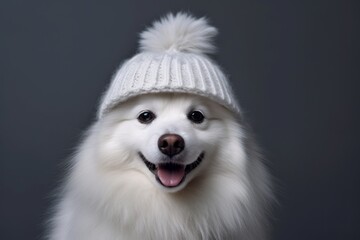 Medium shot portrait photography of a smiling american eskimo dog wearing a winter hat against a...