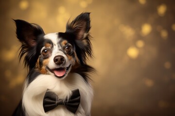 Environmental portrait photography of a happy papillon dog wearing a cute bow tie against a...