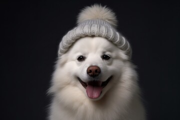 Medium shot portrait photography of a smiling american eskimo dog wearing a winter hat against a metallic silver background. With generative AI technology