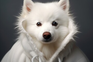 Close-up portrait photography of a tired american eskimo dog wearing a plush robe against a metallic silver background. With generative AI technology