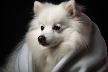 Close-up portrait photography of a tired american eskimo dog wearing a plush robe against a...