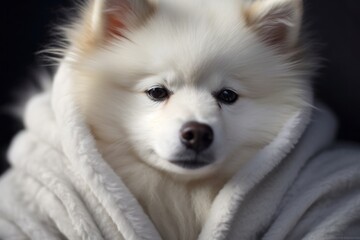 Close-up portrait photography of a tired american eskimo dog wearing a plush robe against a metallic silver background. With generative AI technology