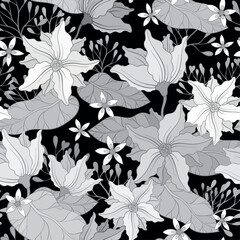 Pattern with water lilies, black background
