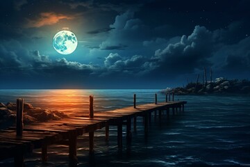 Seascape at night with a wooden pier and a large moon. Generative AI