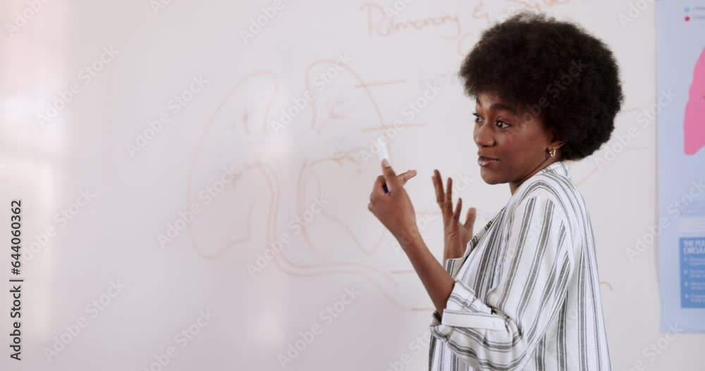 Poster school, education and teacher explain by board for lesson, learning and answer to questions in class