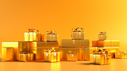 gold gift box on yellow background - obrazy, fototapety, plakaty